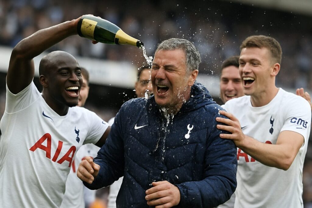 FOTOS: Tottenham festeja vaga na Liga com champanhe e banho no técnico